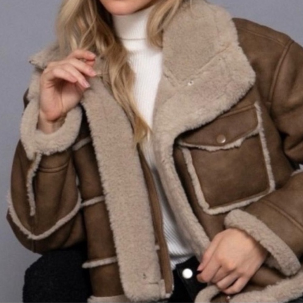 112.Brown mixed fabric coat Sherpa lining buttons and pocket faux leather - Picture 2 of 2
